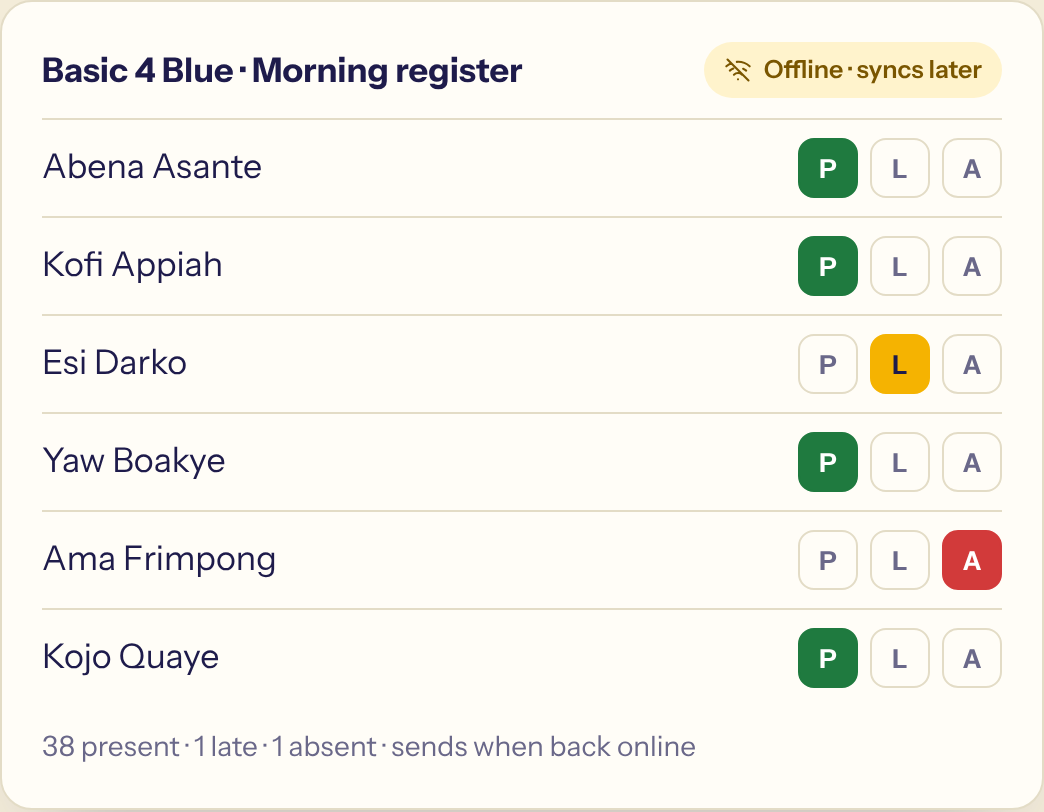 A class register marked on a phone