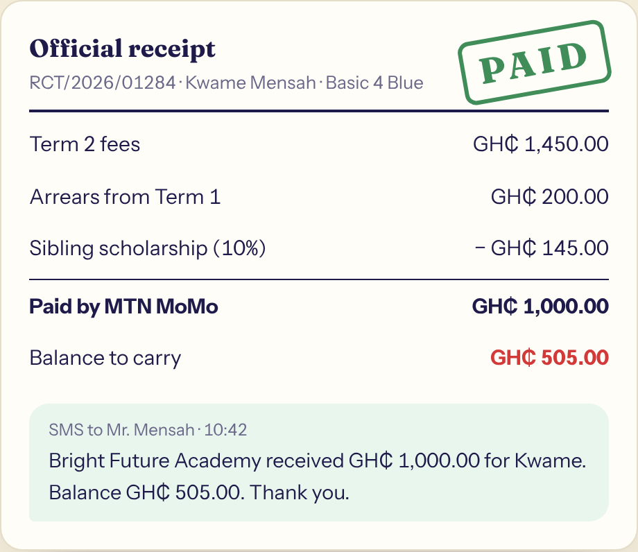 A school fees receipt paid by Mobile Money